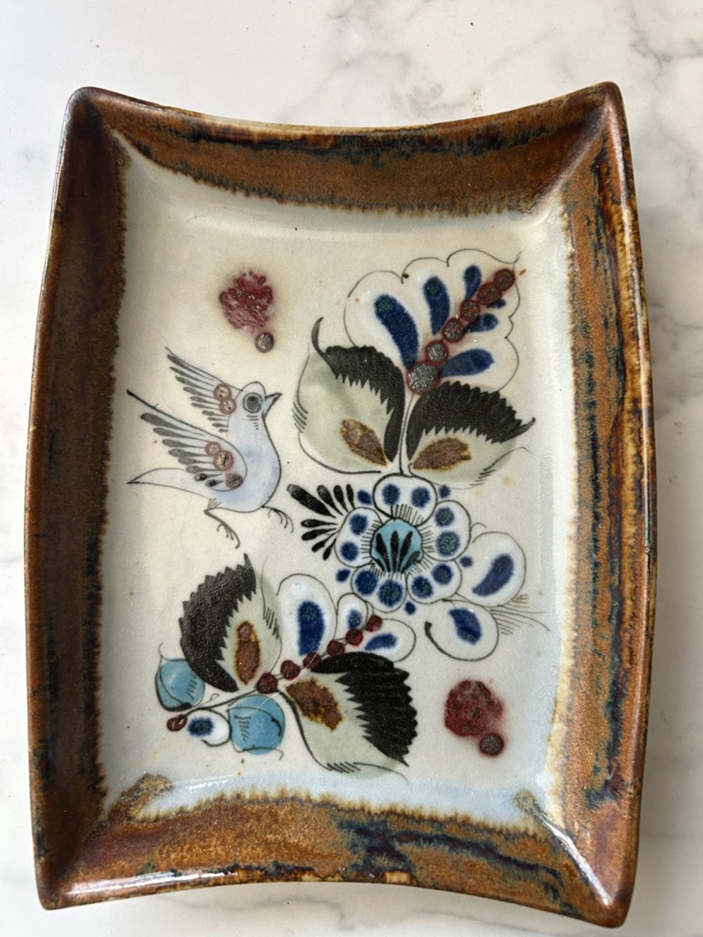 Artisan Ceramic Floral Tray in Brown, Blue and Cream